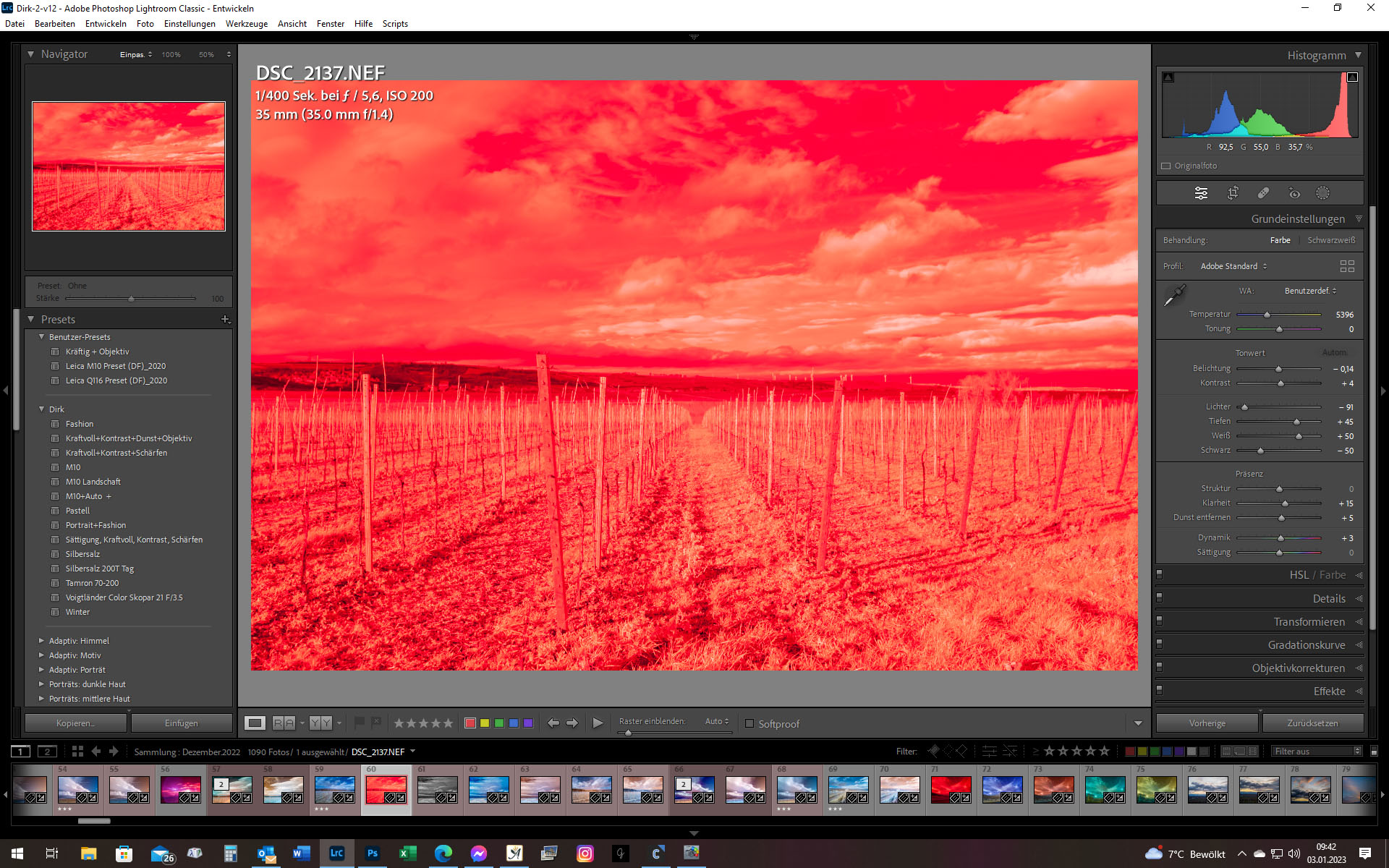 The Adobe Lightroom view after image import